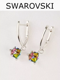 Серьги-подвески Миражи с зеленым кубиком Swarovski
