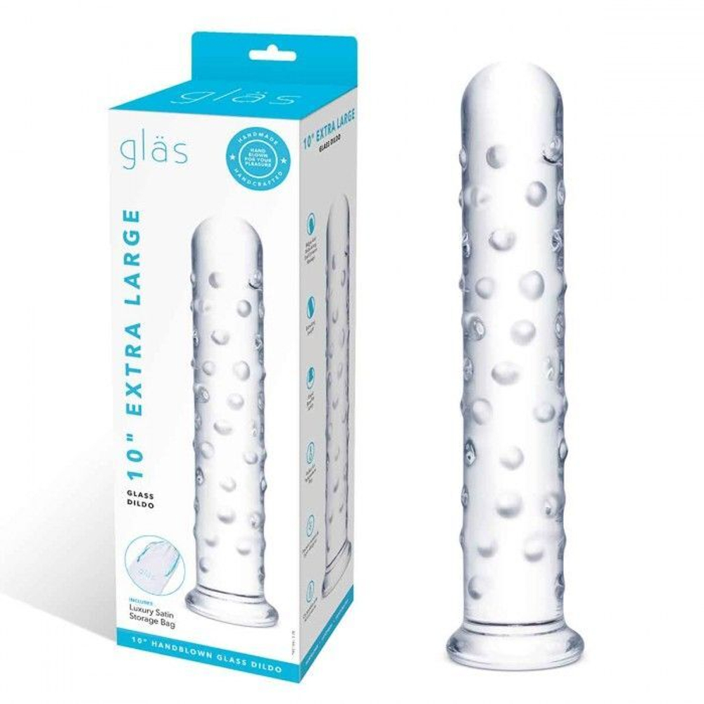 Прозрачный стеклянный фаллос с массажным рельефом 10  Extra Large Glass Dildo - 25,5 см.