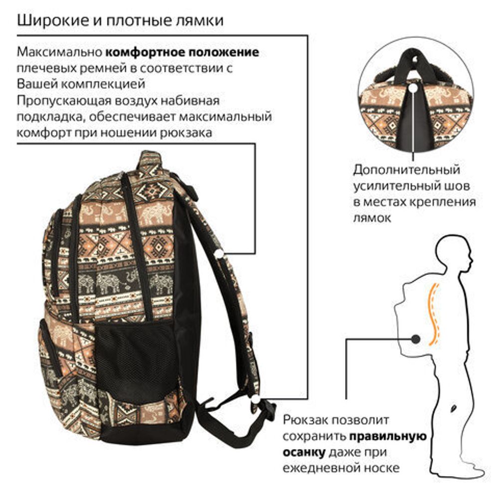 Рюкзак BRAUBERG для старшеклассников/студентов/молодежи, узоры, "Слоны", 27 литров, 47х32х14 см, 226354