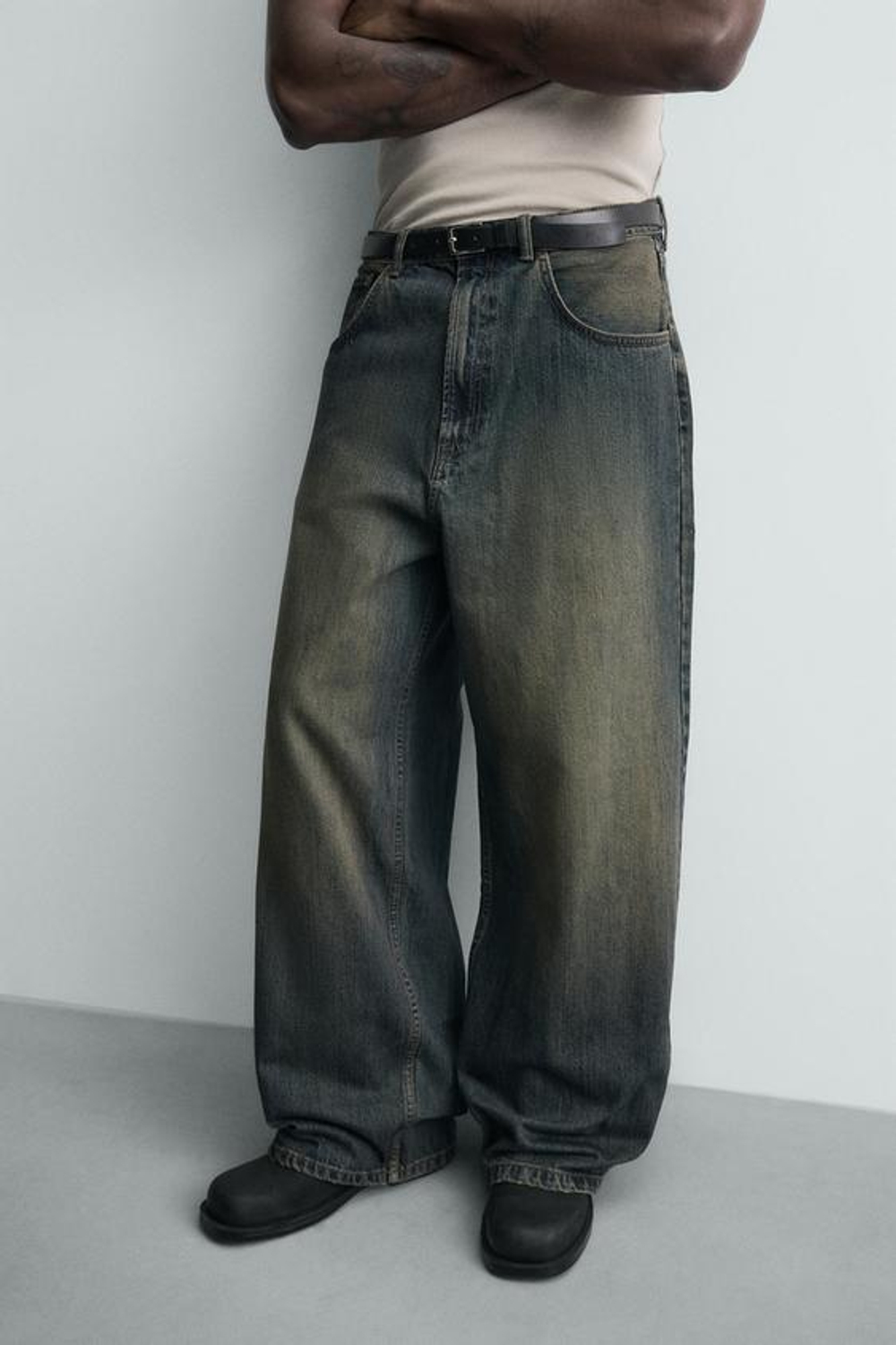 ZARA ДЖИНСЫ BAGGY FIT С РАЗРЕЗАМИ, ЗЕЛЕНОВАТО-СИНИЙ