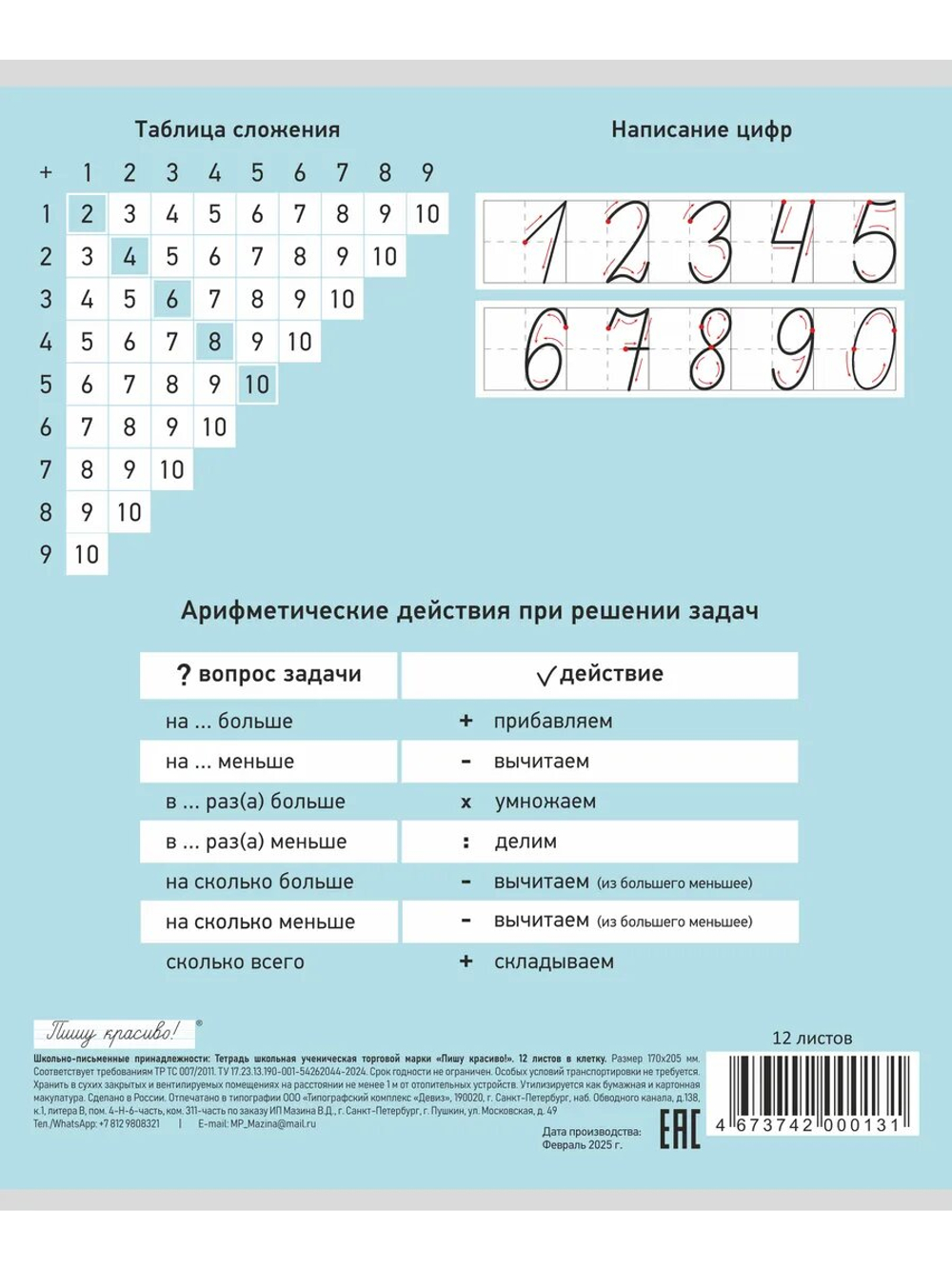 Набор тетрадей в клетку (таблица сложения), 12 л, голубая обложка, 20 шт