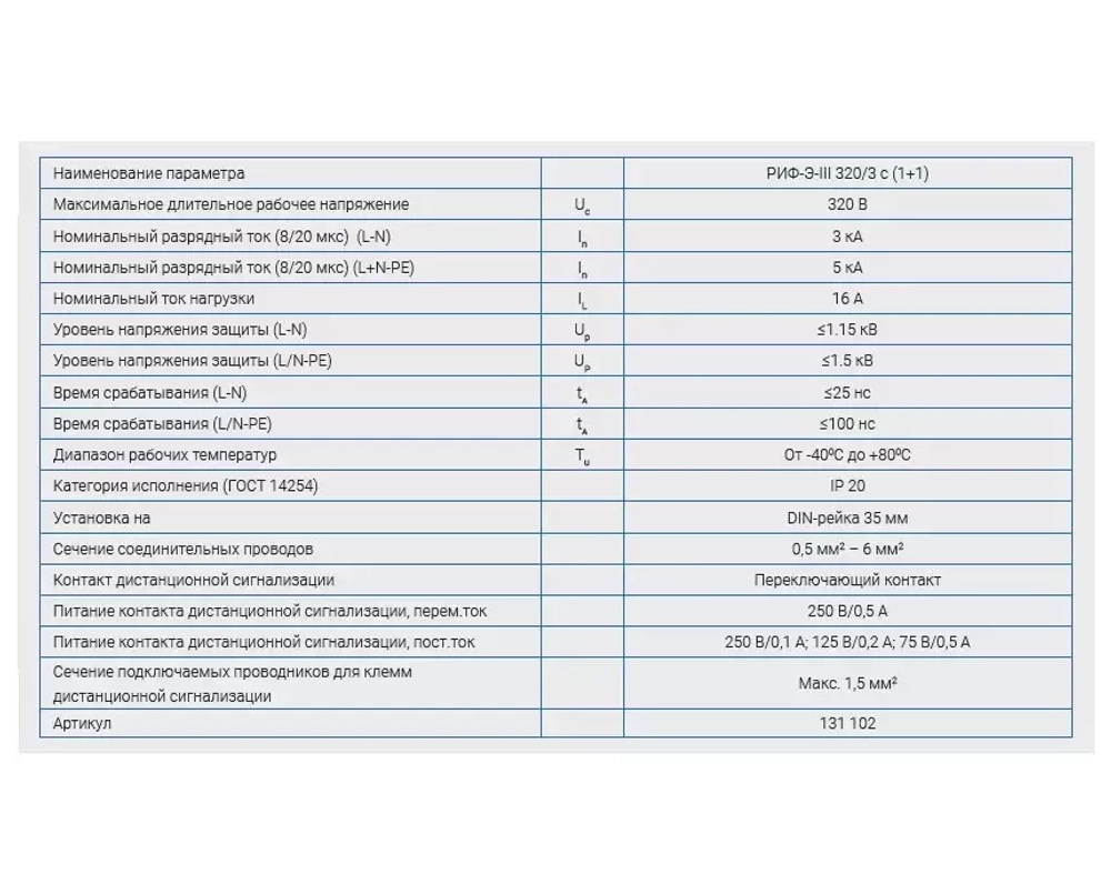 Устройство защиты от импульсных перенапряжений РИФ-Э-III 320/3 c (1+1) (131102) (РИФ-Э-III 320/3 c (1+1))