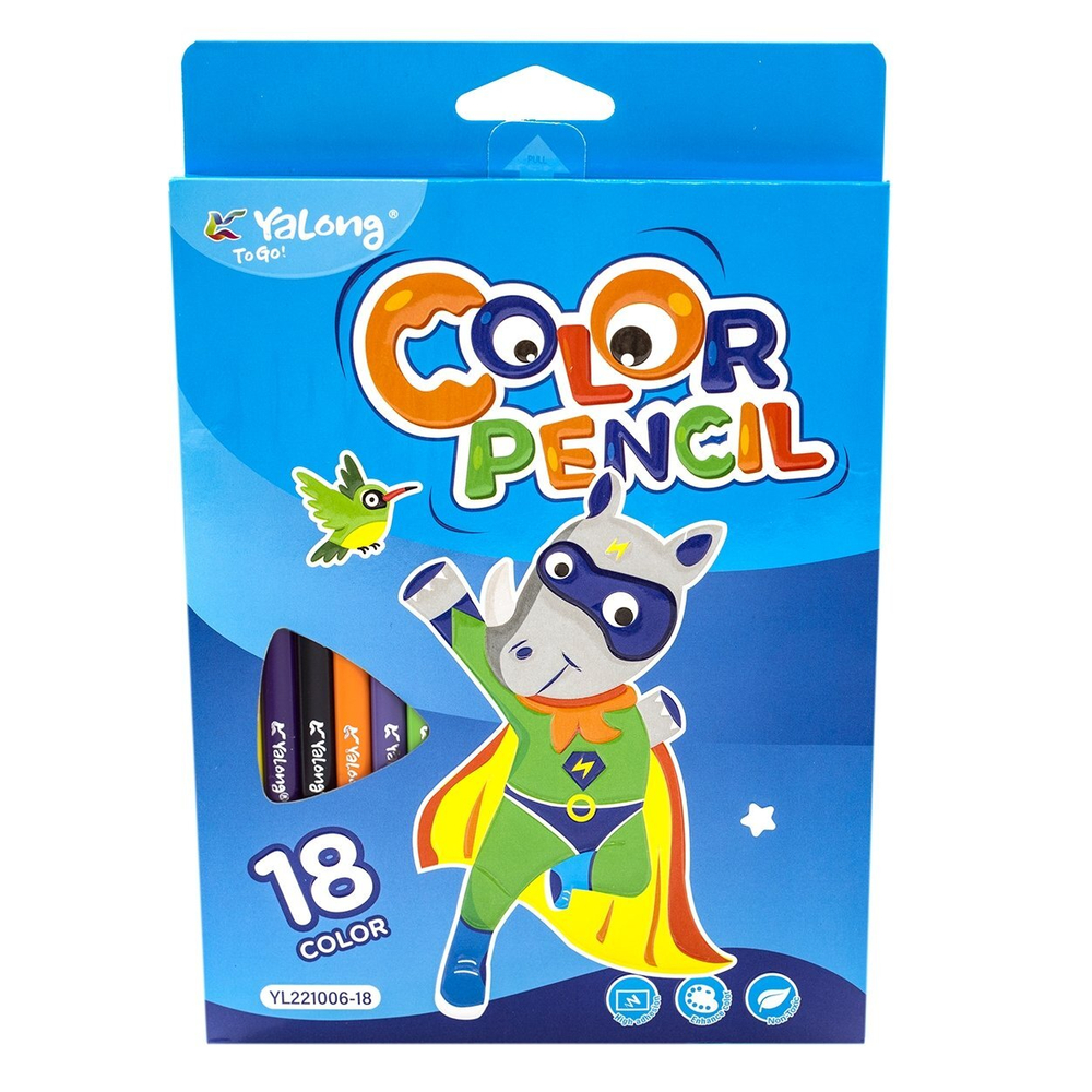Карандаши цветные Yalong 18 цв, "Забавные зверята mix" пластиковые, трехгранные, заточенные, грифель 3.0 мм, картон. уп., европодвес