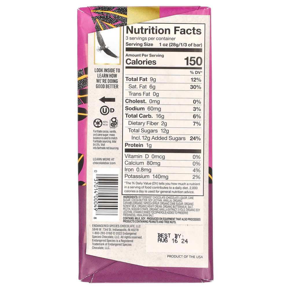 Endangered Species Chocolate, темный шоколад, карамель и морская соль, 60% какао, 85 г (3 унции)