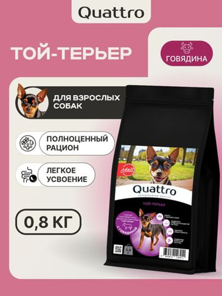 Корм сухой для взрослых собак породы Той-терьер, с говядиной, 800 гр, QUATTRO