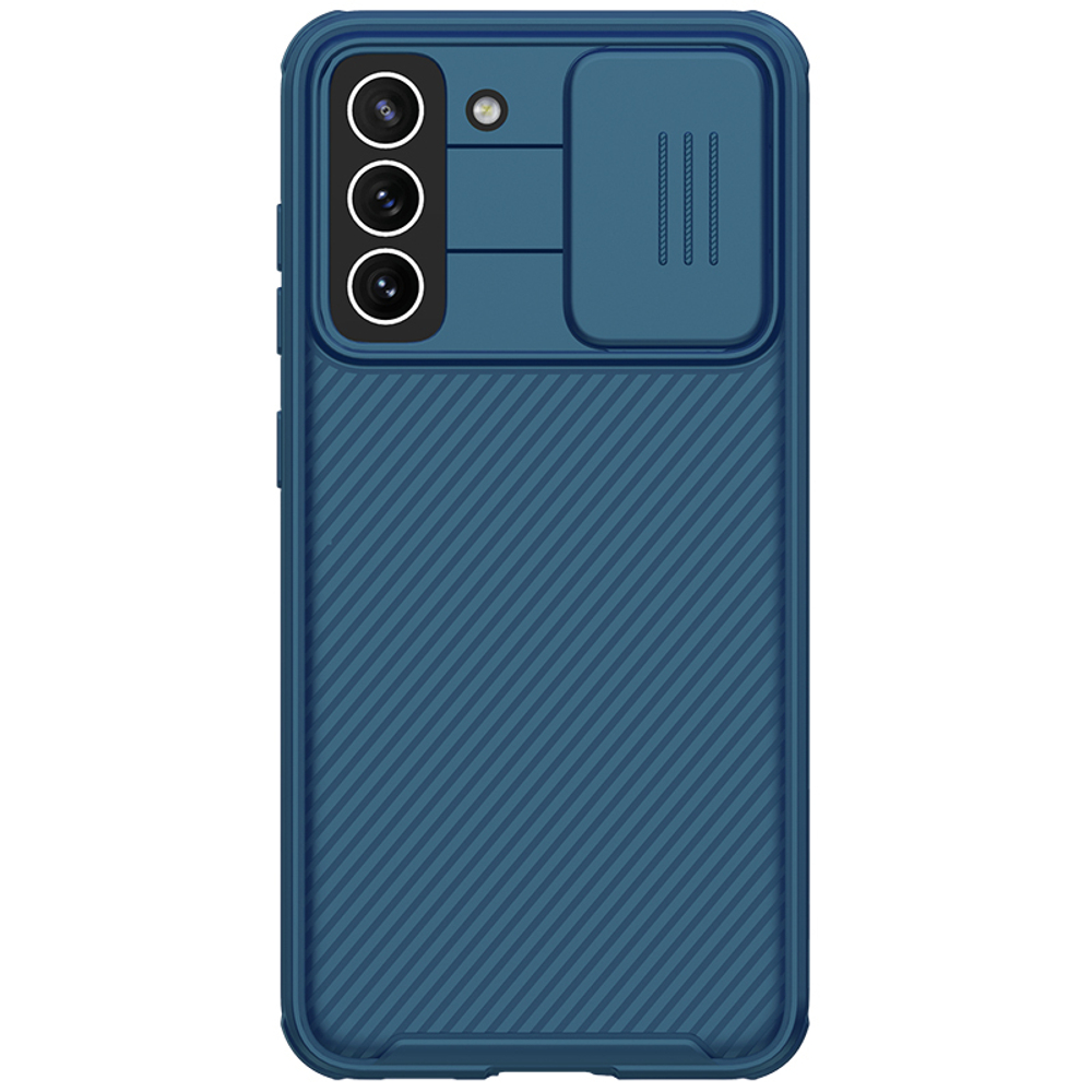 Чехол синего цвета от Nillkin с защитной шторкой для Samsung Galaxy S21 FE (Fan Edition), серия CamShield Pro Case