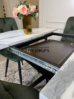 Круглый раздвижной стол "Лофт", белый мрамор и стулья "Ральф" оливковый