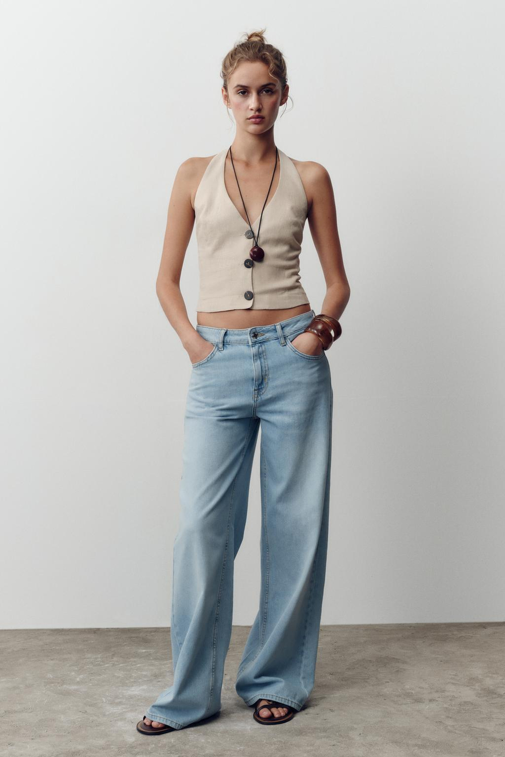 ZARA ТОП-ХАЛТЕР ИЗ ЛЬНА, ПЕСОЧНЫЙ