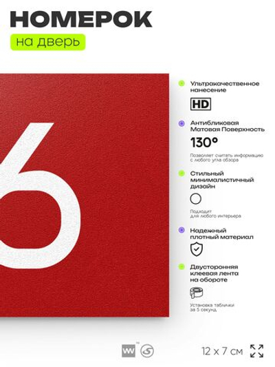 Табличка с номером 36 на дверь квартиры, для офиса, кабинета, аудитории, склада, красная 120х70 мм, Айдентика Технолоджи