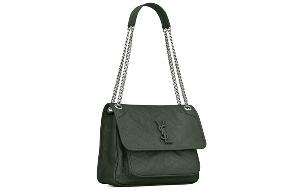 SAINT LAURENT Niki Cow Leather Hobo Bag, Crossbody Bag, Shoulder Bag Women"s Dark Green