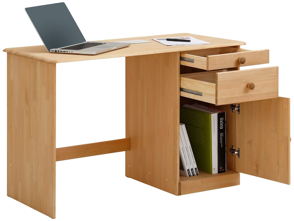 Стол компьютерный, 110х55х74, Вадим, из массива дерева, с ящиком и тумбой, лакированный, Dipriz