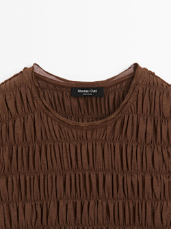 Massimo Dutti Топ из смесовой хлопковой ткани со сборками, коричневый