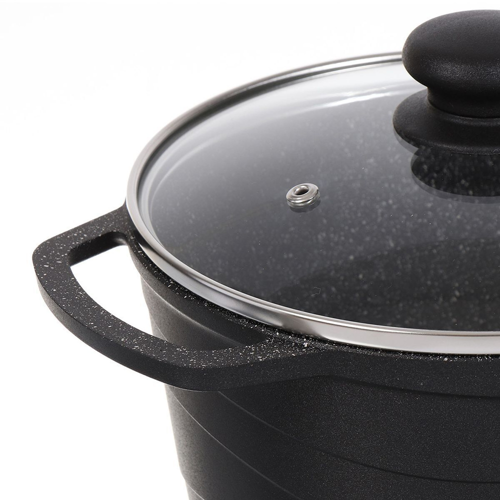 Кастрюля алюминий, антиприг, 4 л, крышка стекло, Каменная, кругл, Нева Металл, Черный гранит, 186640