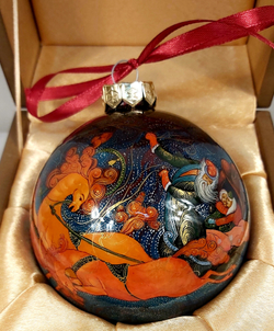 Коллекционный елочный шар с росписью Палех "Тройка" в футляре