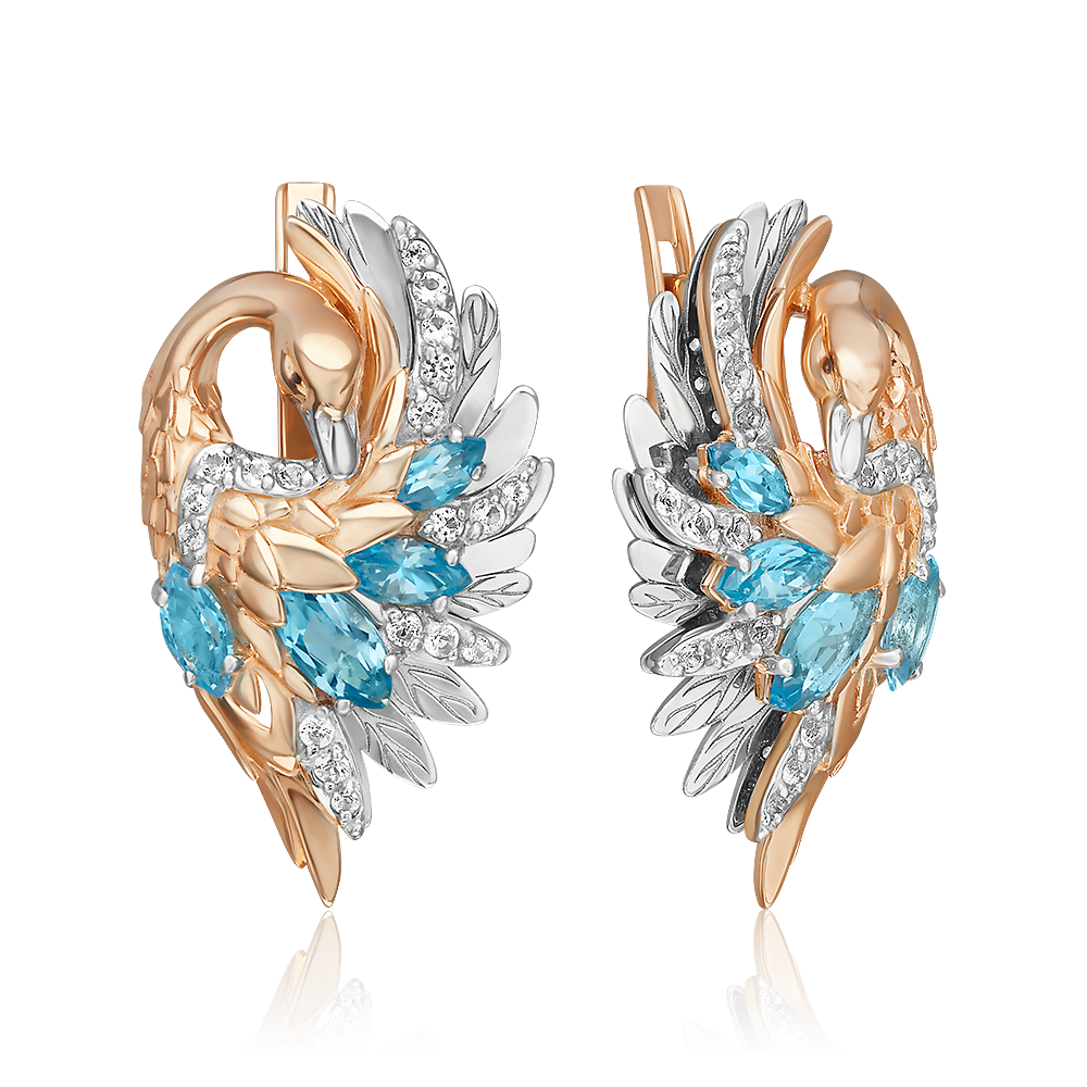 Серьги «Лебеди» с английским замком из комбинированного золота с топазами и натуральными топазами white