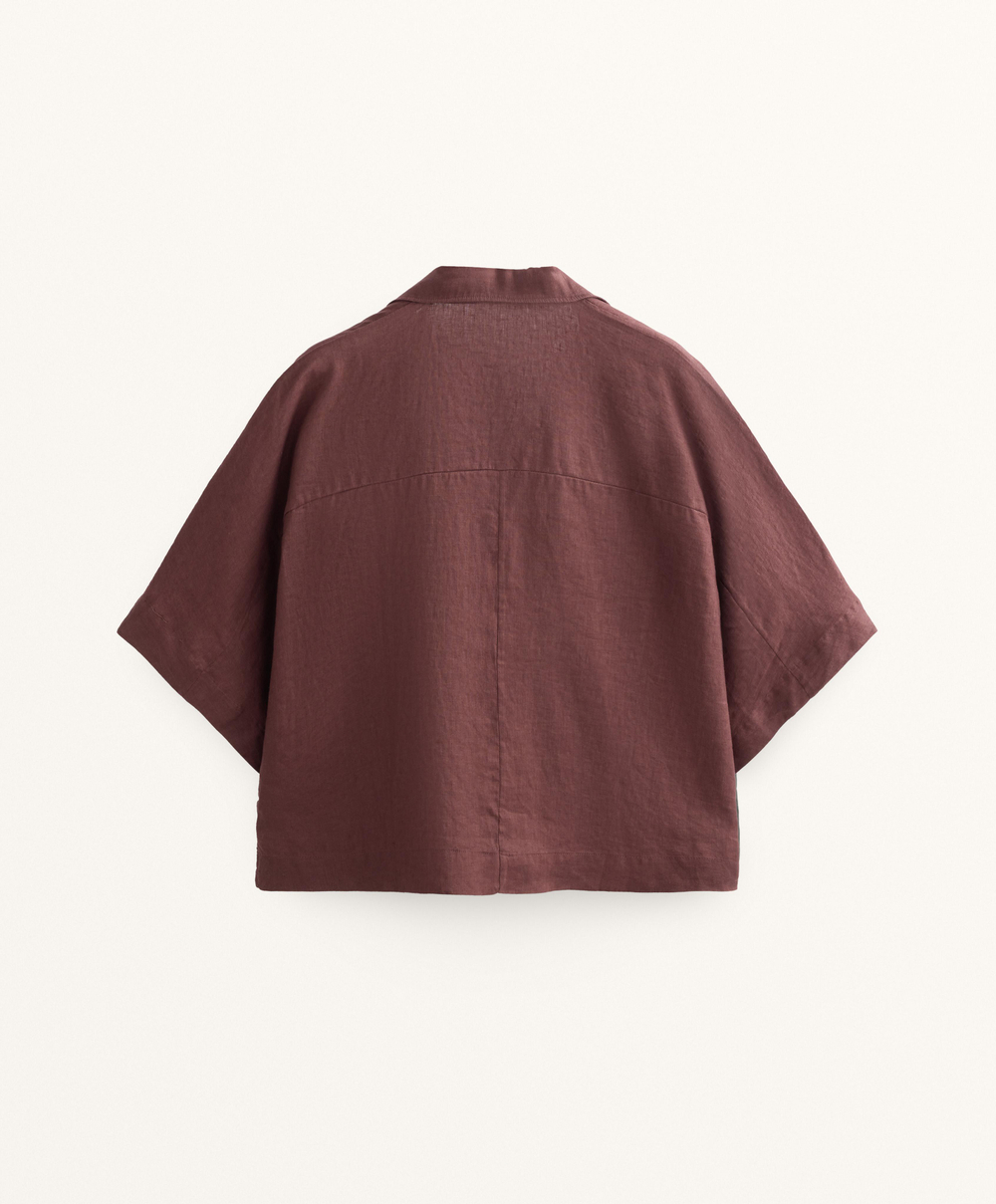 Oysho Рубашка свободного кроя с коротким рукавом из 100% льна, винный