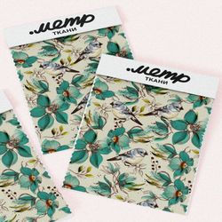 Ткань шифон бирюзовые цветы с птицами