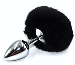 Серебристая округлая анальная пробка с заячьим хвостиком черного цвета - 11,5 см. (Цвет: черный)