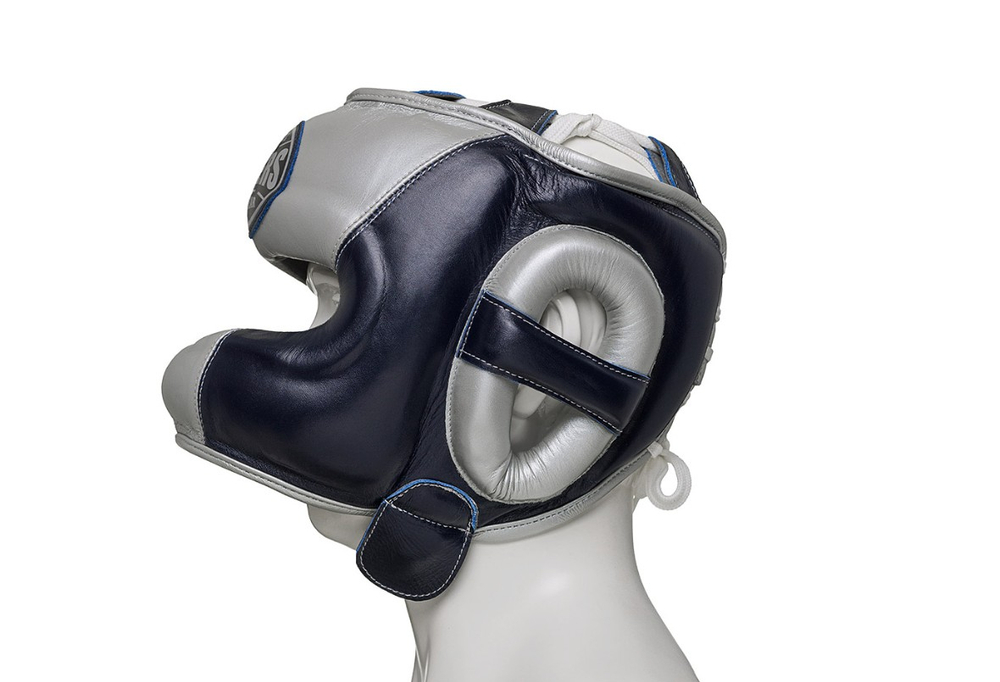 Шлем боксерский LEADERS LS ULTRA с бамперной защитой BL/SIL  кожа, синий тёмный/серебристый