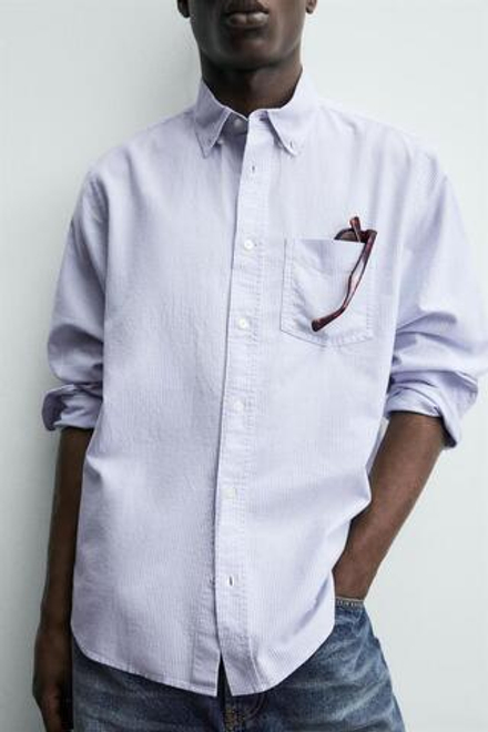 ZARA РУБАШКА С ФАКТУРНОЙ ОТДЕЛКОЙ, БЕЛЫЙ/НЕБЕСНО-ГОЛУБОЙ