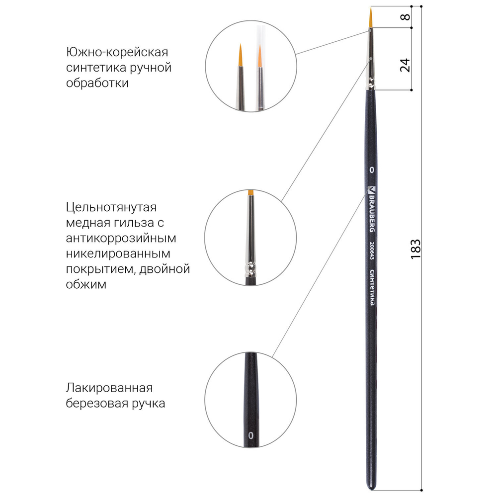 Кисть художественная проф. BRAUBERG ART CLASSIC, синтетика жесткая, круглая, № 0, короткая ручка, 200643