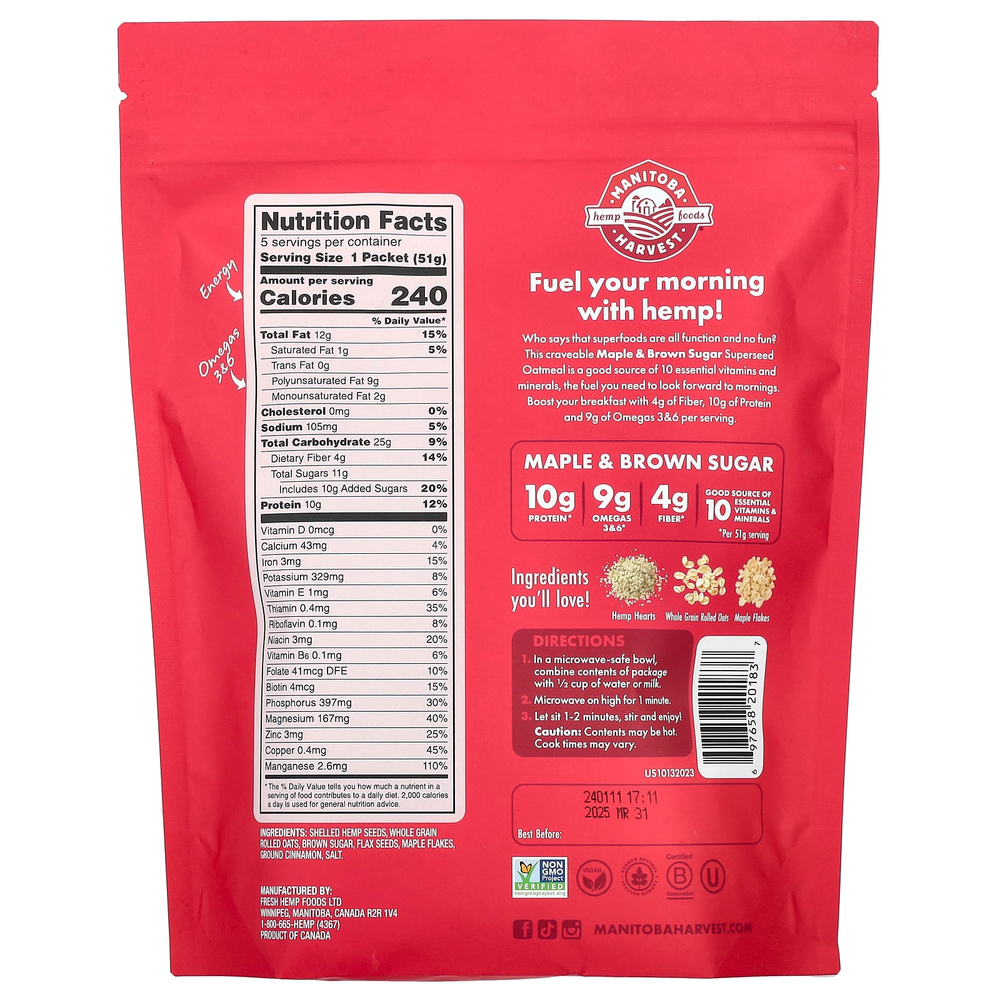 Manitoba Harvest, Овсянка быстрого приготовления, кленовый сироп и коричневый сахар, 5 пакетиков по 51 г (1,8 унции)