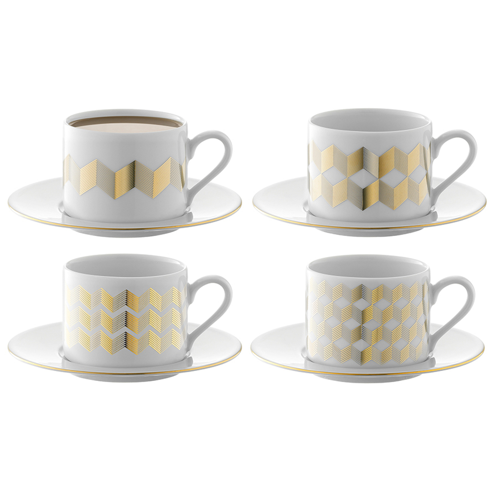 Набор чашек для чая с блюдцами на 4 персоны 8 предметов LSA International Signature Chevron золото