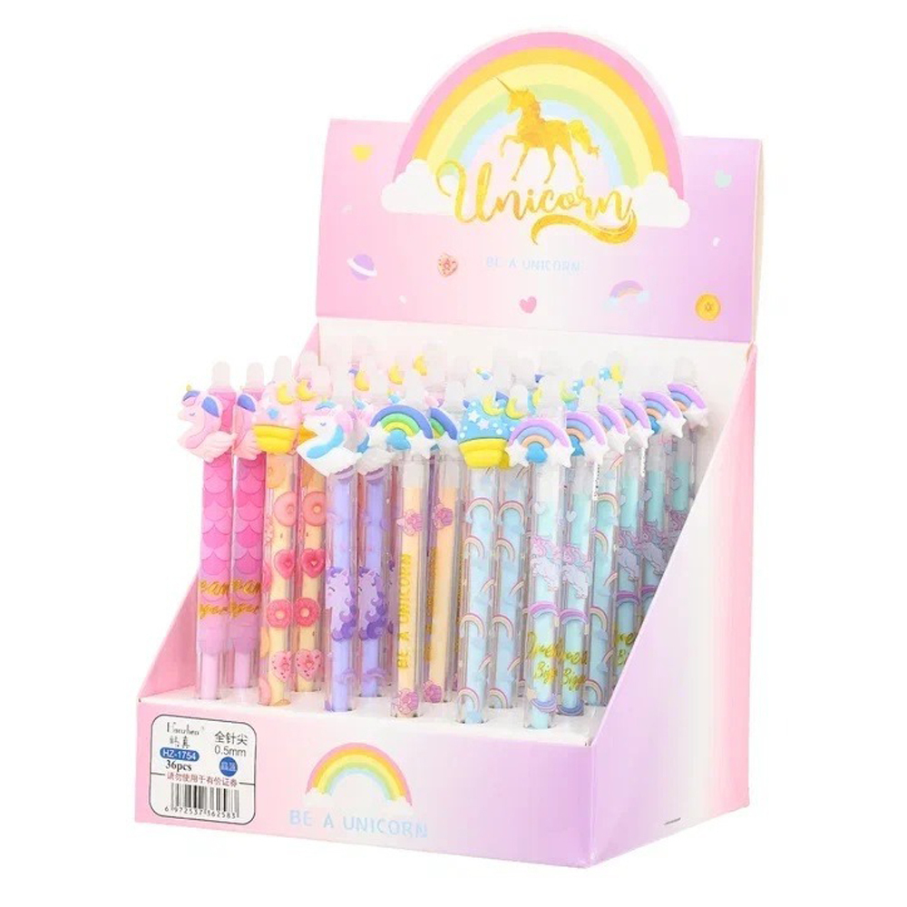 Ручка гелевая, пиши-стирай, автоматическая, Basir, синие чернила, серия "Единорог", цветной корпус с фигуркой, 36 шт