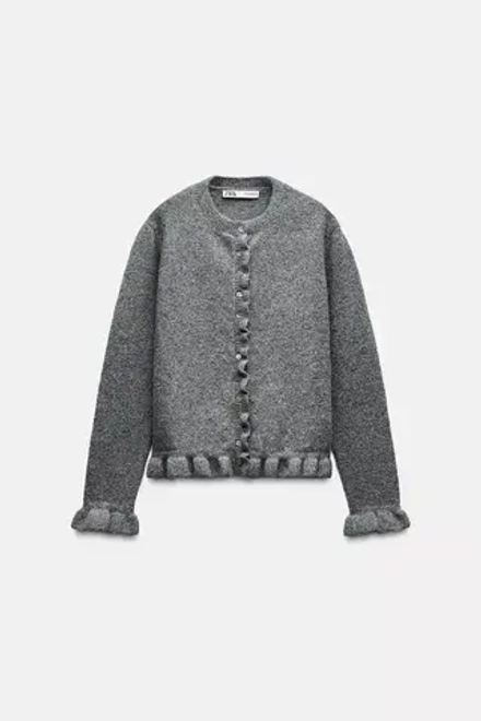 ZARA ТРИКОТАЖНЫЙ КАРДИГАН С ВОЛАНАМИ, СЕРЫЙ