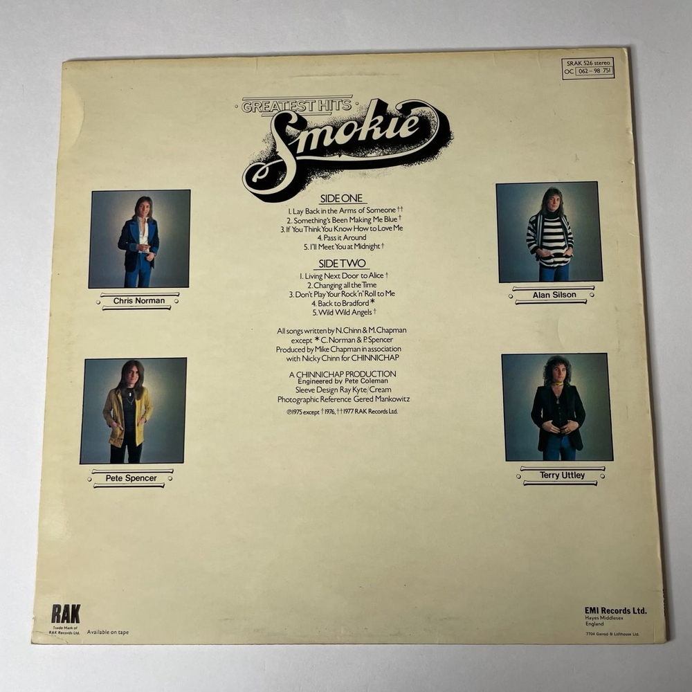 Винтажная виниловая пластинка LP Smokie Смоуки Greatest Hits (UK 1977) I'll Meet You At Midnight