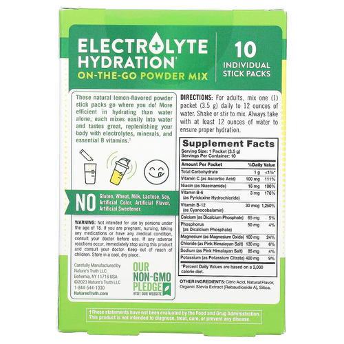 Nature's Truth, Electrolyte Hydration + B Vitamins, On-The-Go Powder Mix, Lemon, 10 Individual Stick Packs 0.123 oz (3.5 g) Each