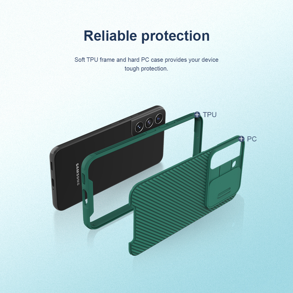 Чехол зеленого цвета (Deep Green) усиленный для Samsung Galaxy S22 от Nillkin, серия CamShield Pro Case, с сдвижной крышкой для камеры