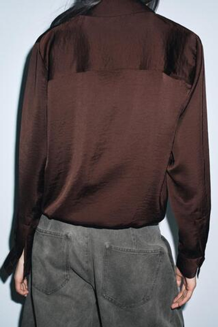 ZARA АТЛАСНАЯ РУБАШКА ZW WOMAN, КОРИЧНЕВЫЙ