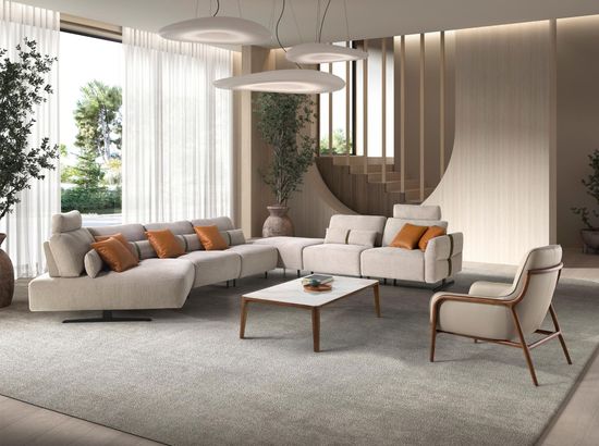 Модульный 5-местный диван 6274 с правым шезлонгом из ткани песочного цвета