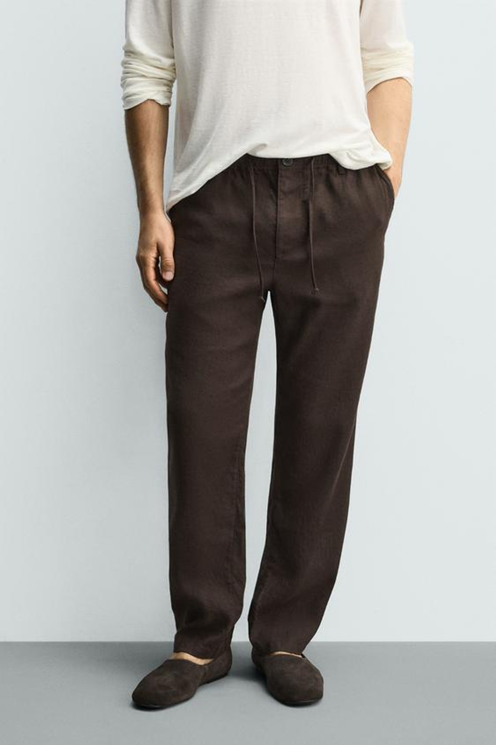 ZARA БРЮКИ RELAXED FIT ИЗ ХЛОПКА И ЛЬНА, КОРИЧНЕВЫЙ