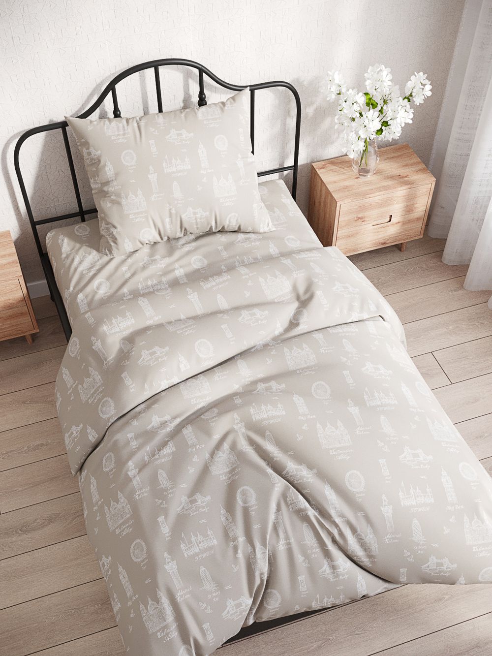 Постельное белье перкаль Сказка "Туманный альбион" 1,5-сп Наволочка 70x70 см 1 шт Простынь 150x215 см Пододеяльник 145x215 см