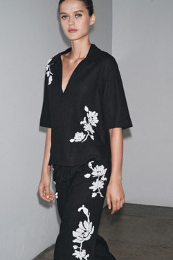 ZARA РУБАШКА С ВЫШИВКОЙ И БУСИНАМИ — ZW COLLECTION, ЧЕРНЫЙ/БЕЛЫЙ