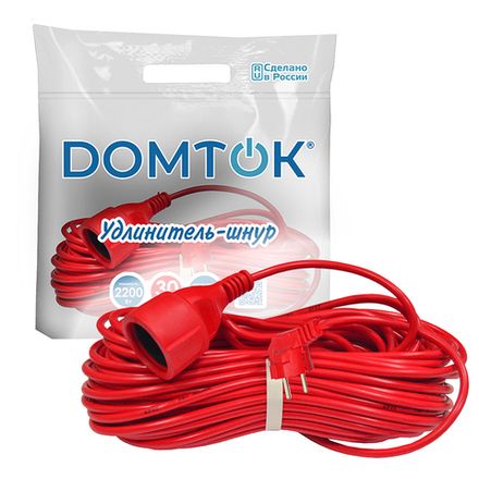 Удлинитель-шнур "DOMTOK" ПВС 3*1, 2,2кВт, з/к 30м (1/10)