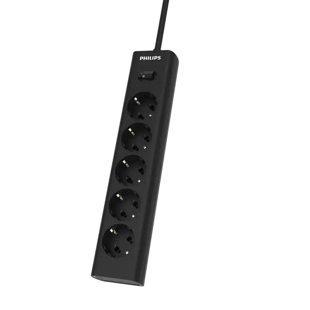 Сетевой фильтр удлинитель Philips CHP2155BB/51 с пятью стандартными розетками EU, с заземлением и защитой от перегрузок, 3 м, черный
