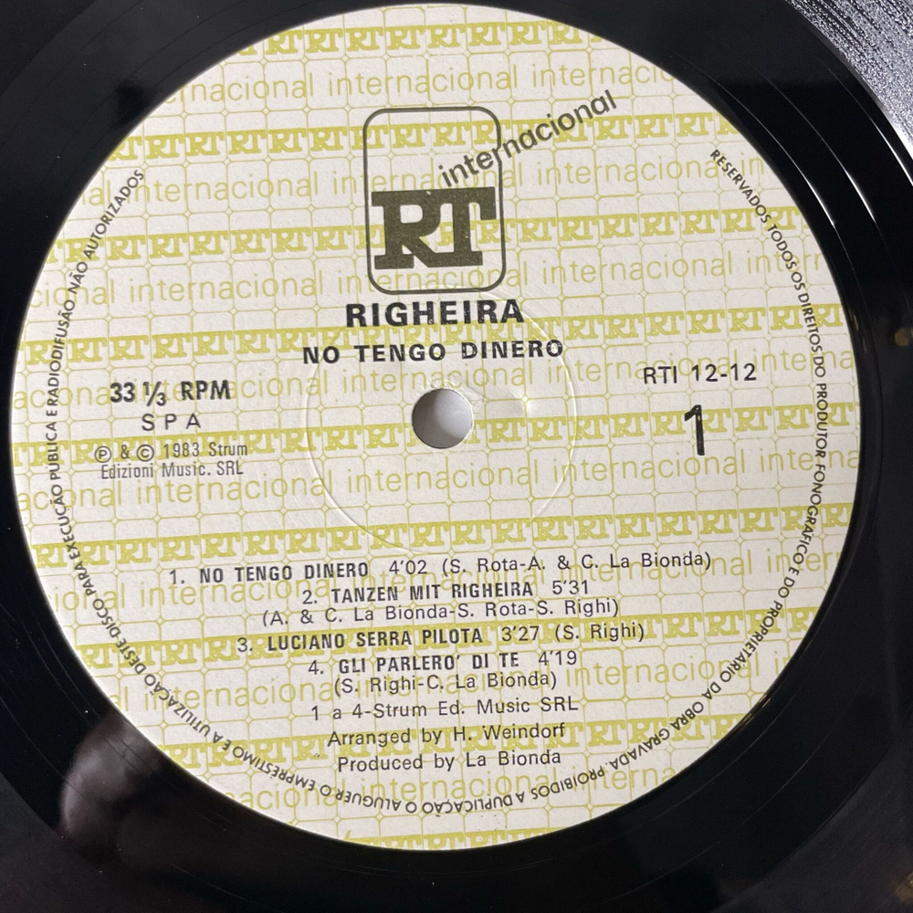 Винтажная виниловая пластинка LP Righeira (Португалия 1983)
