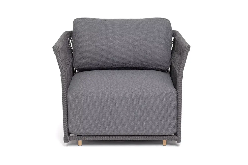 "Лугано" кресло плетеное из роупа, каркас алюминий темно-серый (RAL7024) муар, роуп темно-серый круглый, ткань темно-серая YB25-0027