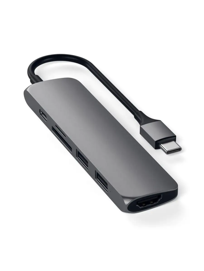 USB адаптер Satechi Slim Aluminum Type-C Multi-Port Adapter with Type-C Charging Port. Интерфейс USB-C. Порты USB Type-C, 2хUSB 3.0, 4K HDMI. Цвет серый космос.