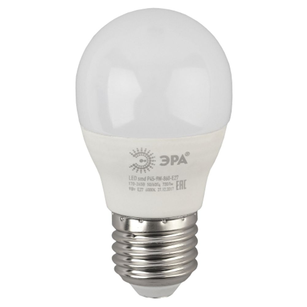 Лампа светодиодная ЭРА STD LED P45-9W-860-E27 9Вт шар холодный дневной свет Е27 | Лампы cветодиодные Шар (G/P)