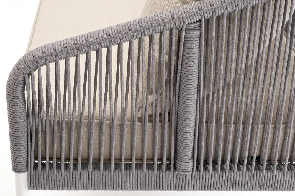 "Канны" диван 3-местный плетеный из роупа, каркас алюминий белый муар, роуп светло-серый круглый, ткань бежевая 15052