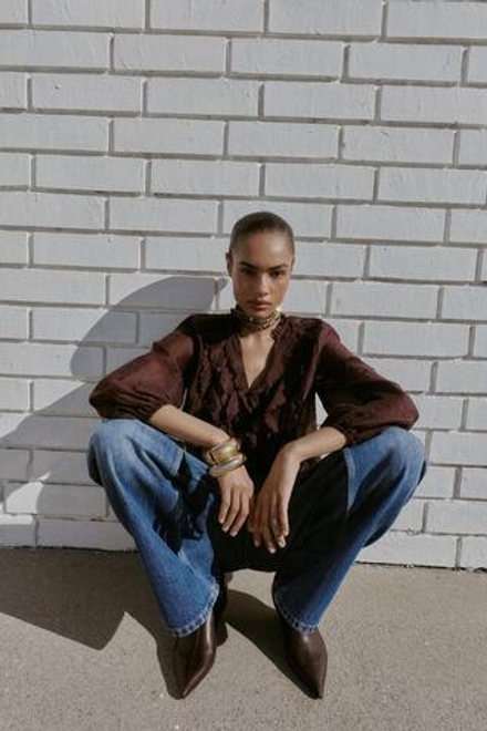 ZARA БЛУЗА С ВОЛАНАМИ, КОРИЧНЕВЫЙ