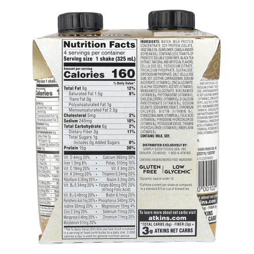 Atkins, Чай со льдом и латте, протеиновый коктейль, чай, 4 коктейля, 325 мл (11 жидк. унц.)