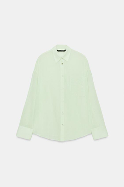 ZARA РУБАШКА ОВЕРСАЙЗ С КАРМАНОМ, БЕЛЫЙ/ЗЕЛЕНЫЙ