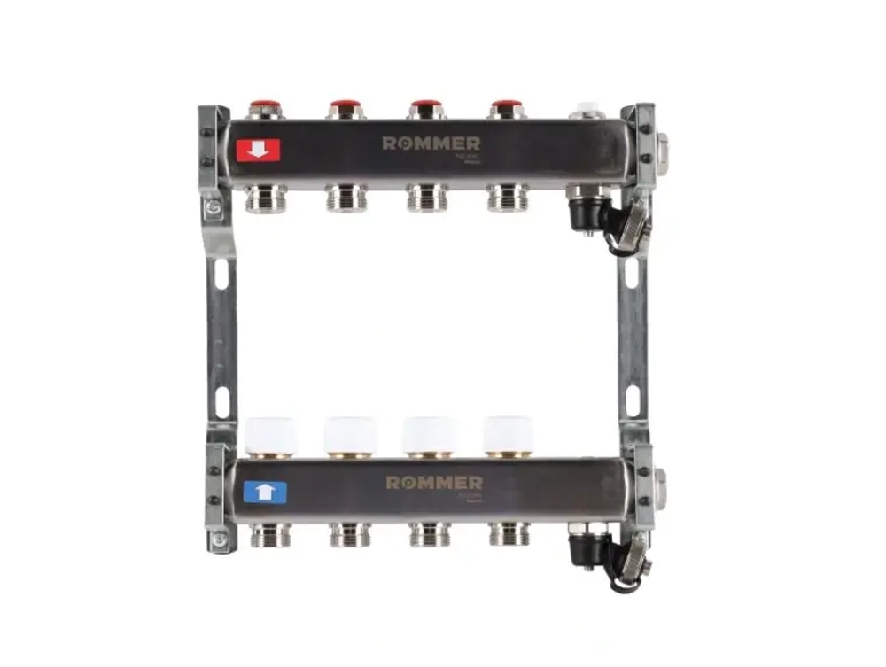 Колекторная группа для отопления из нержавеющей стали Rommer 1* х 3/4* - 4 выхода (без расходомеров, с клапаном выпуска воздуха и сливом)