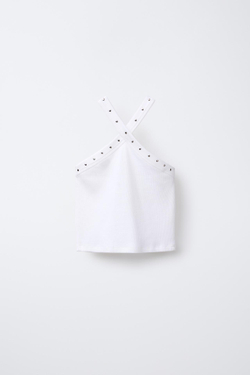 ZARA ТОП В РУБЧИК С ГОРЛОВИНОЙ ХАЛТЕР И ЗАКЛЕПКАМИ, БЕЛЫЙ