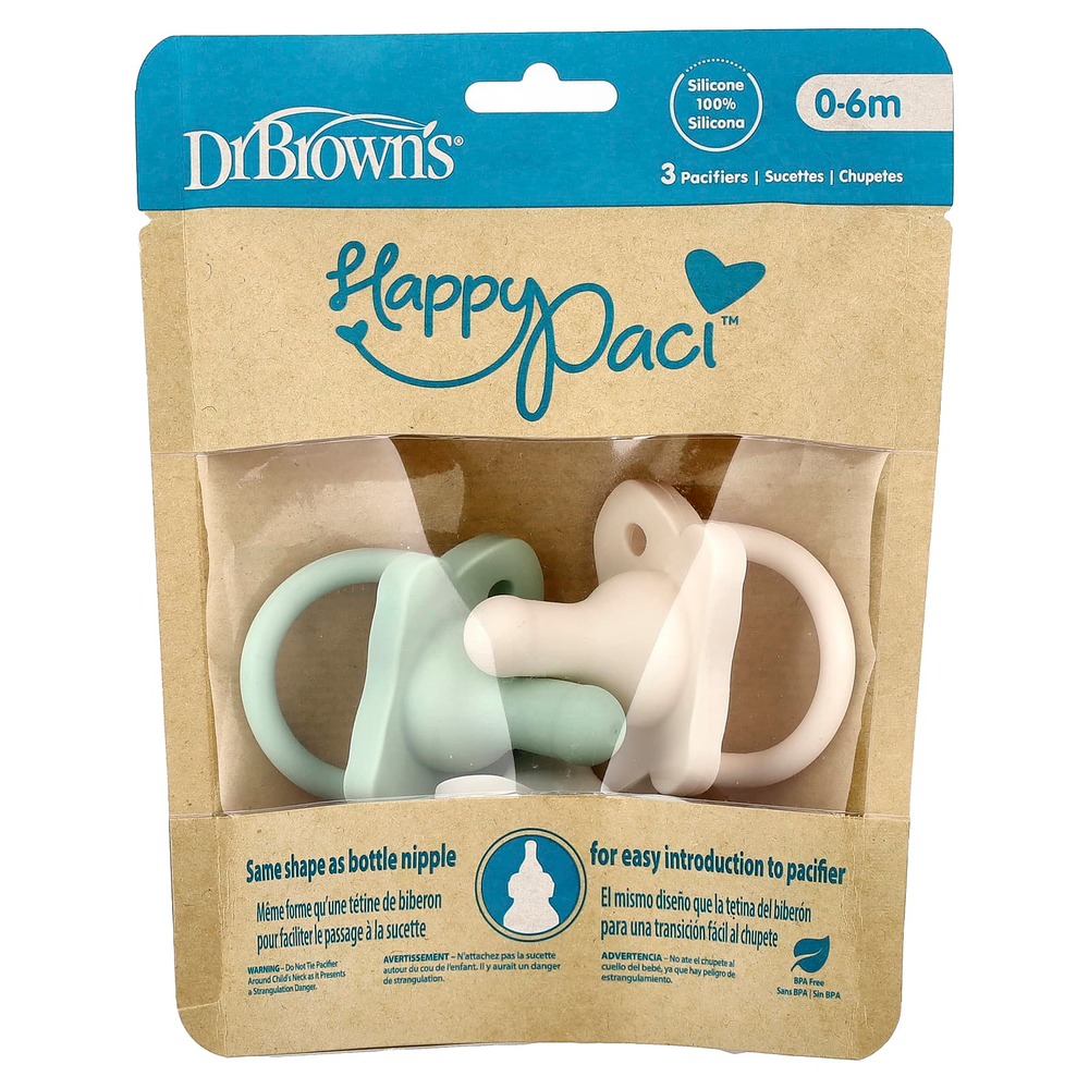 Dr. Brown's, HappyPaci™, соска для детей 0–6 месяцев, зеленый, серый и бежевый, 3 шт.